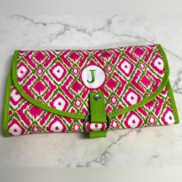 Compact Travel Case Embroidered Letter “J” Pink & Green - Picture 1 of 10